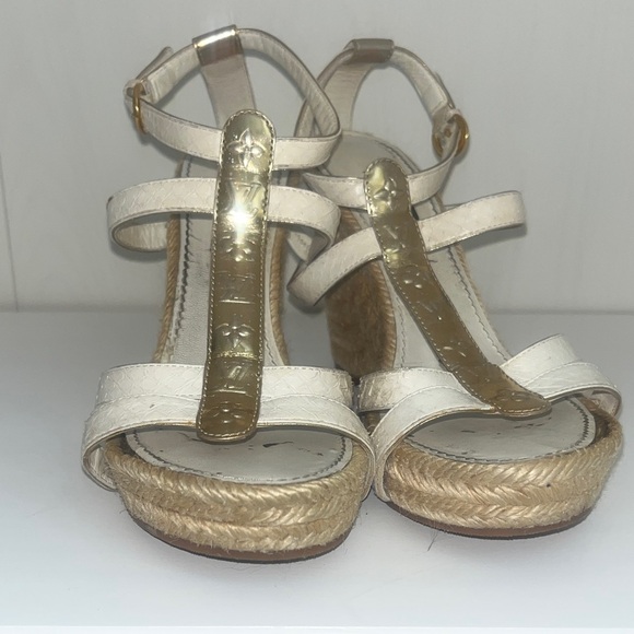Louis Vuitton Shoes - Louis Vuitton Authentic Monogram Wedge Heels 36 (6) white & gold